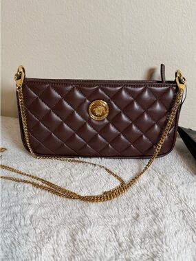 Versace Quilted Brown Leather Shoulder Bag with Gold Chain